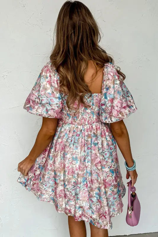 Pink floral puff sleeve ruffled dress - dresses/floral dresses