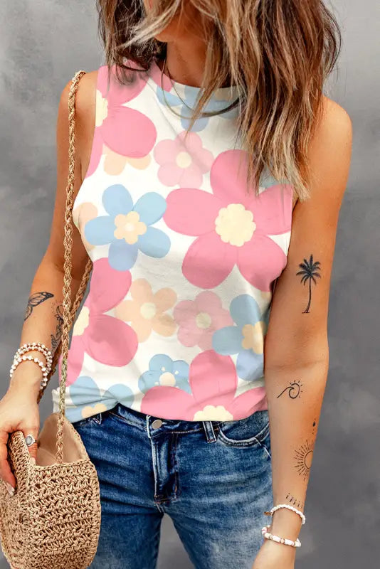 Pink floral round neck tank top - tops/tank tops