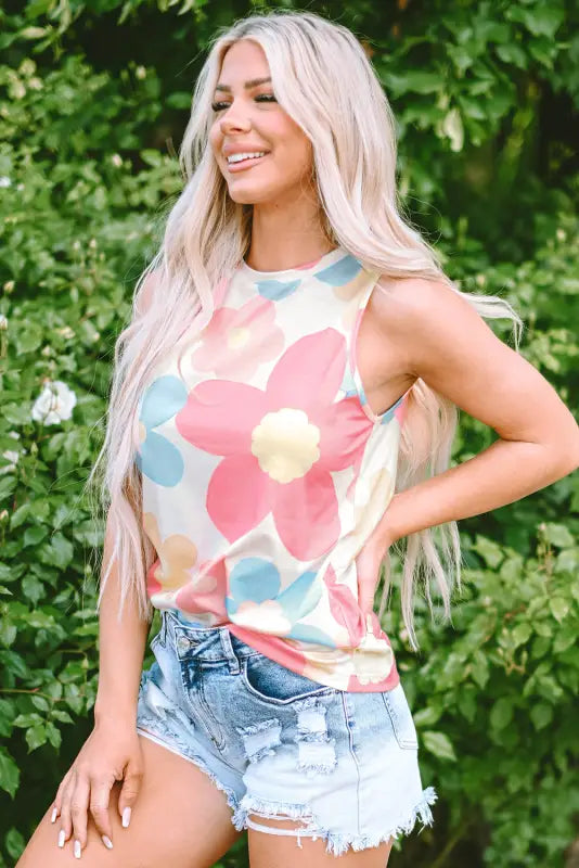 Pink floral round neck tank top - tops/tank tops