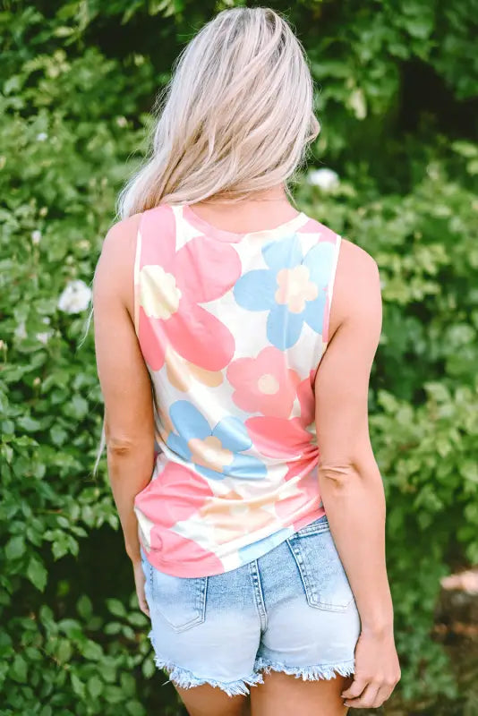 Pink floral round neck tank top - tops/tank tops