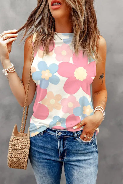 Pink floral round neck tank top - s / 95% polyester + 5% elastane - tops/tank tops