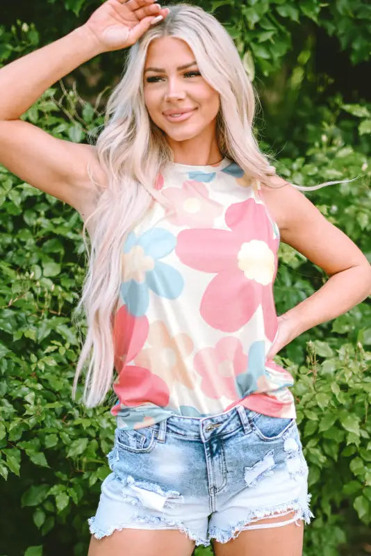 Pink floral round neck tank top - tops/tank tops