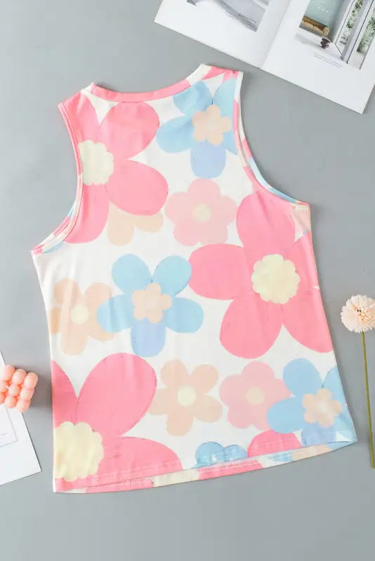 Pink floral round neck tank top - tops/tank tops