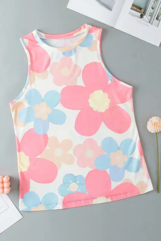 Pink floral round neck tank top - tops/tank tops