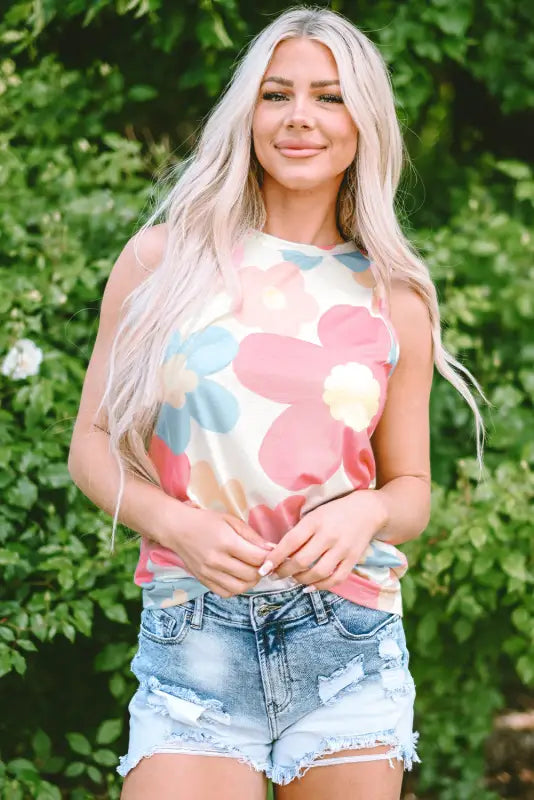 Pink floral round neck tank top - tops/tank tops