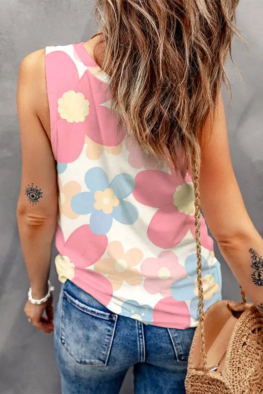 Pink floral round neck tank top - tops/tank tops