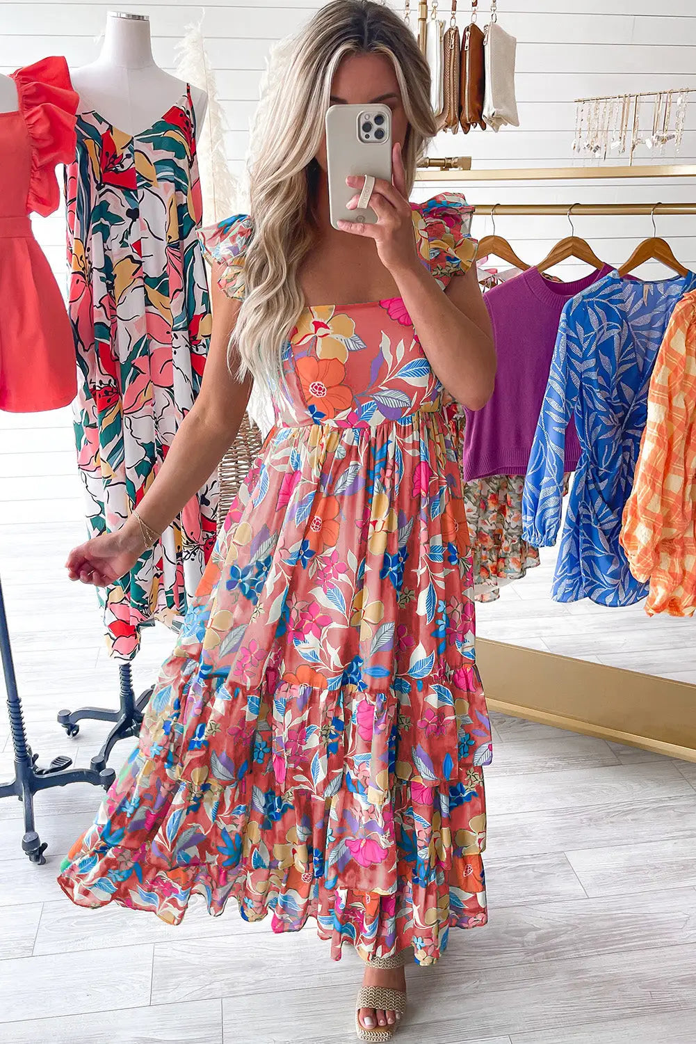 Pink floral ruffle tiered maxi dress - dresses/floral dresses