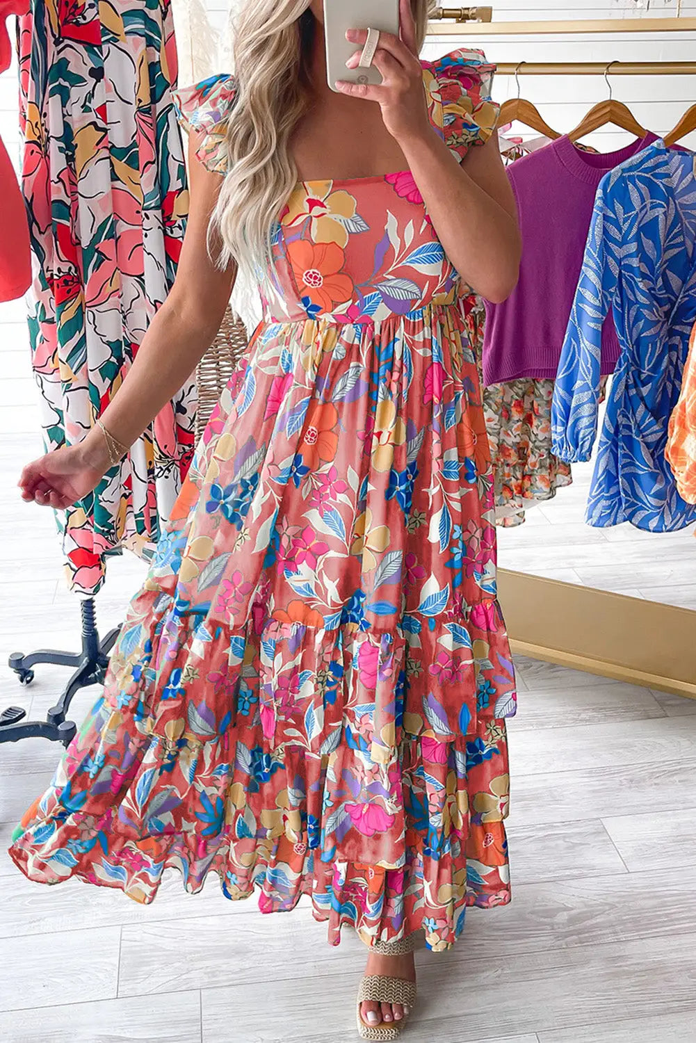 Pink floral ruffle tiered maxi dress - s / 100% polyester - dresses/floral dresses