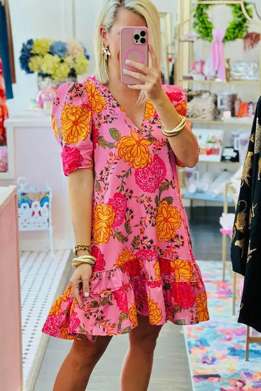 Pink floral ruffled mini dress - dresses/floral dresses