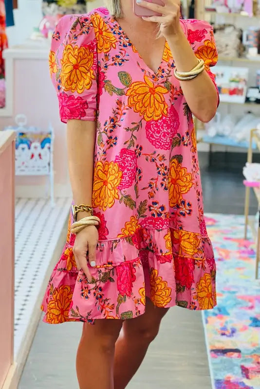 Pink floral ruffled mini dress - s / 100% cotton - dresses/floral dresses