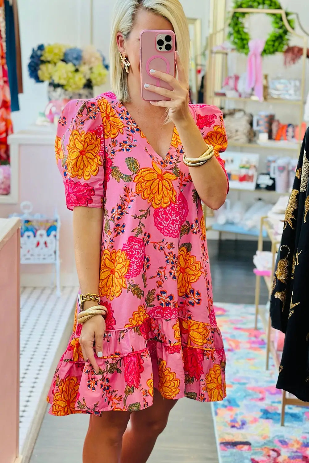 Pink floral ruffled mini dress - dresses/floral dresses