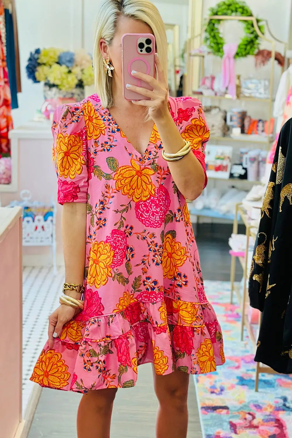 Pink floral ruffled mini dress - dresses/floral dresses
