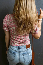 Pink Floral Short Puff Sleeve V Neck Ruched Blouse - Fashionfitz