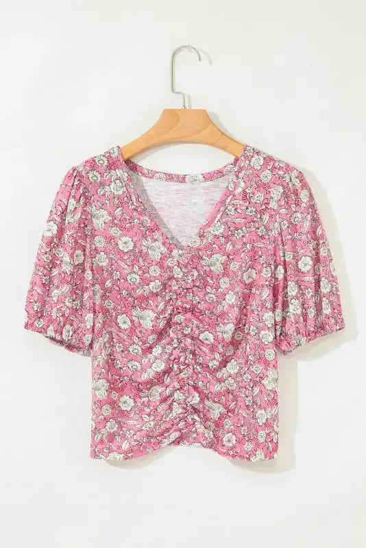 Pink Floral Short Puff Sleeve V Neck Ruched Blouse - Fashionfitz