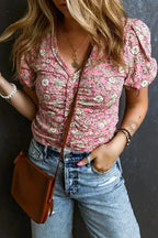 Pink Floral Short Puff Sleeve V Neck Ruched Blouse - Fashionfitz