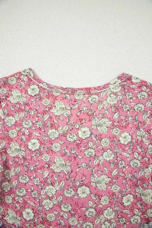 Pink Floral Short Puff Sleeve V Neck Ruched Blouse - Fashionfitz