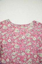 Pink Floral Short Puff Sleeve V Neck Ruched Blouse - Fashionfitz