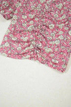 Pink Floral Short Puff Sleeve V Neck Ruched Blouse - Fashionfitz