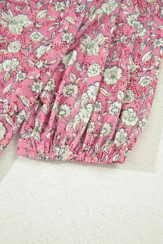 Pink Floral Short Puff Sleeve V Neck Ruched Blouse - Fashionfitz