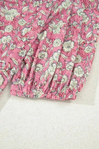 Pink Floral Short Puff Sleeve V Neck Ruched Blouse - Fashionfitz