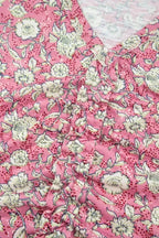 Pink Floral Short Puff Sleeve V Neck Ruched Blouse - Fashionfitz