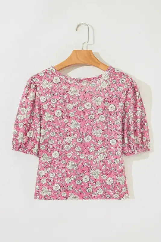 Pink Floral Short Puff Sleeve V Neck Ruched Blouse - Fashionfitz