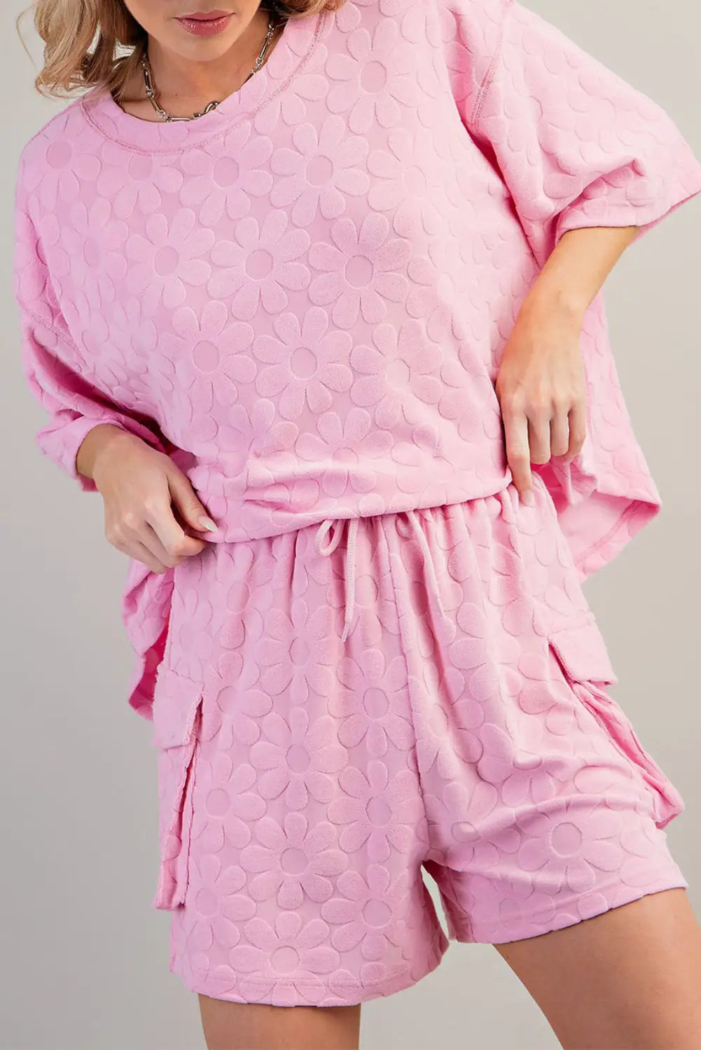 Pink floral textured shorts lounge set - s / 95% polyester + 5% elastane - two piece sets/short sets