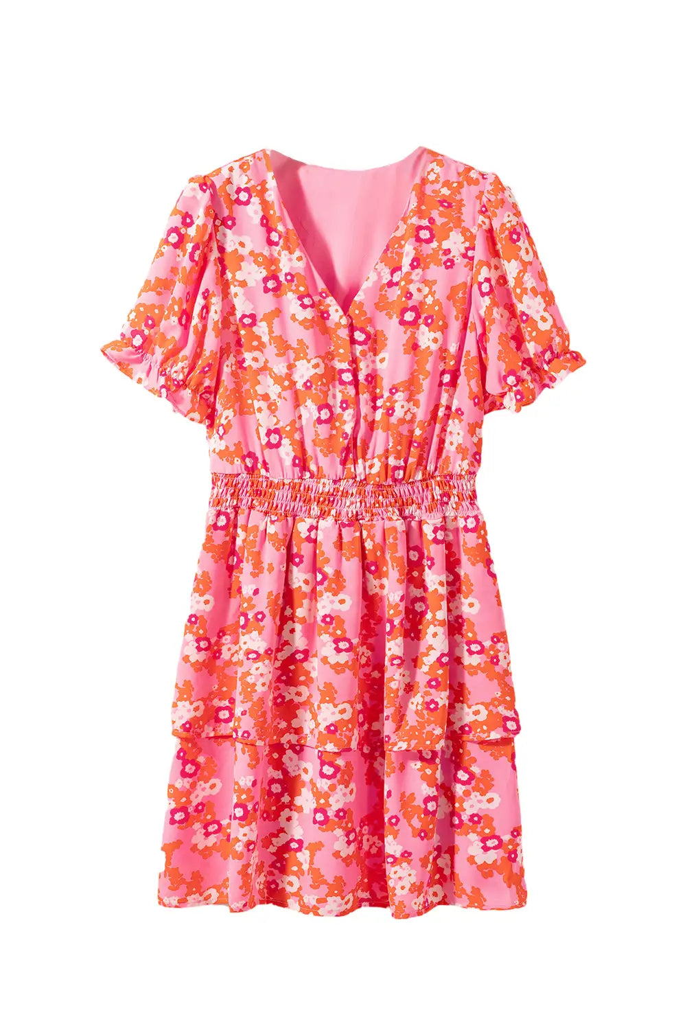 Pink floral v neck short ruffle tiered dress - dresses