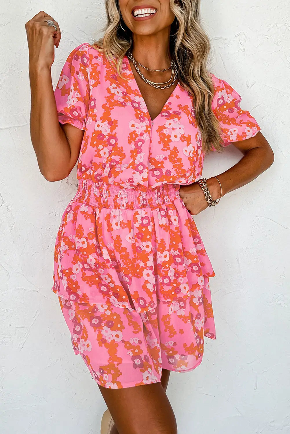 Pink floral v neck short ruffle tiered dress - s / 100% polyester - dresses