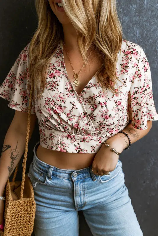 Pink floral wrapped cropped blouse - blouses