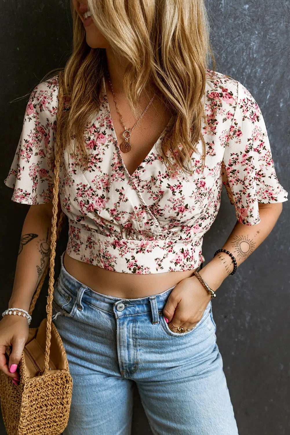 Pink floral wrapped cropped blouse - s / 100% polyester - blouses