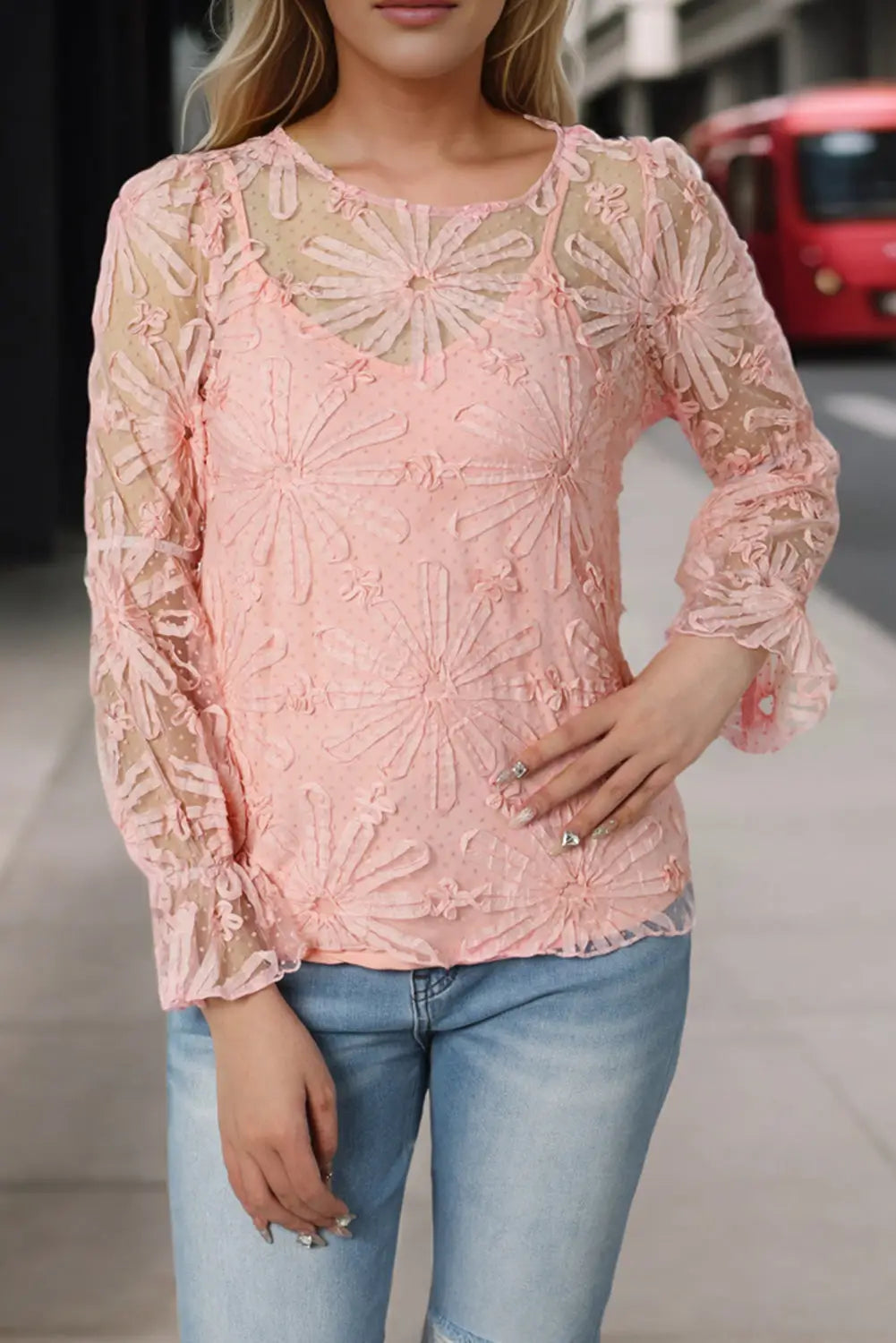 Pink flower dotted ruffled sleeve mesh top - tops