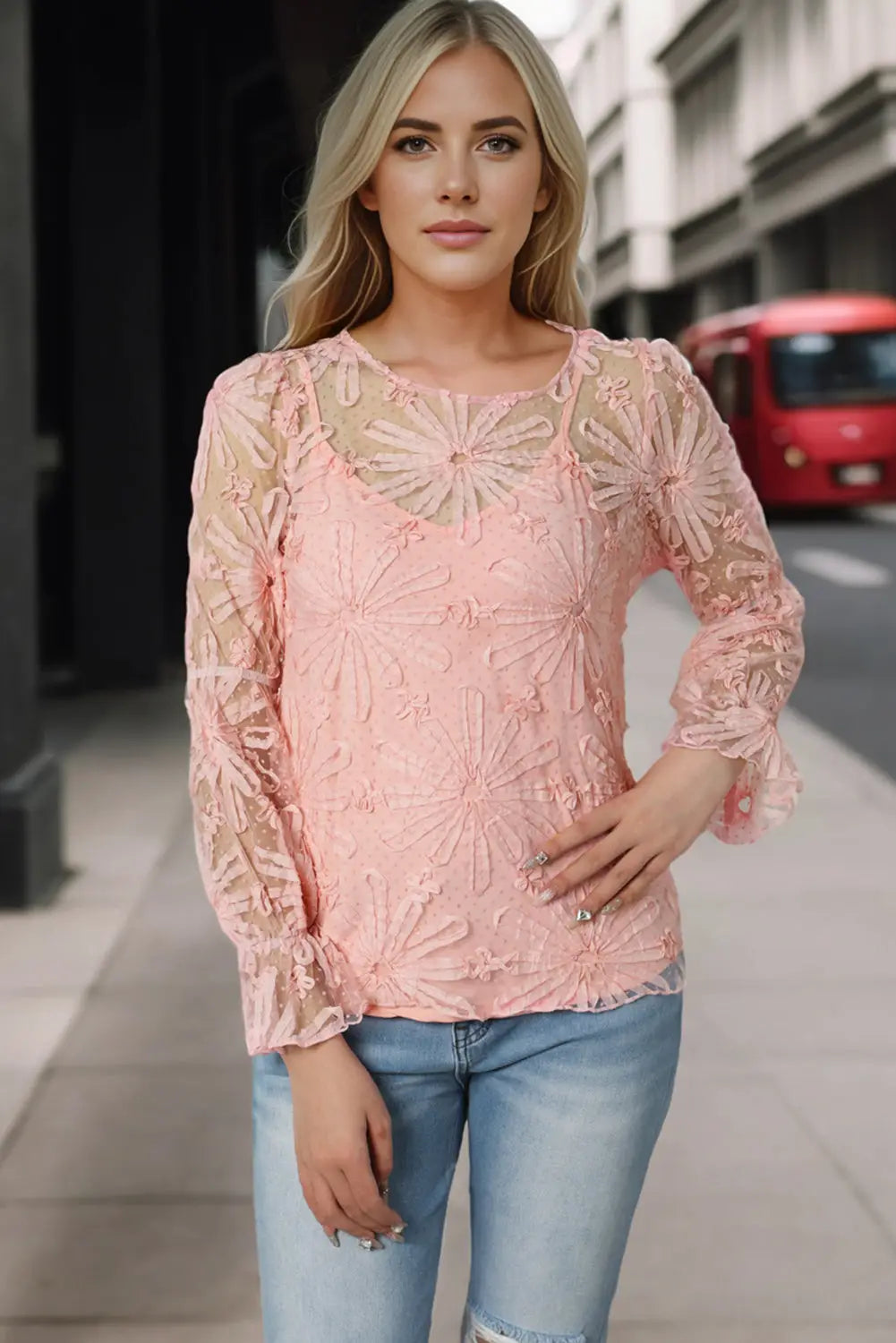 Pink flower dotted ruffled sleeve mesh top - tops