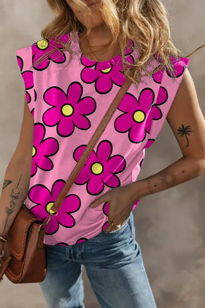 Pink flower t-shirt - round neck cap sleeve - s / 95% polyester + 5% elastane - tees