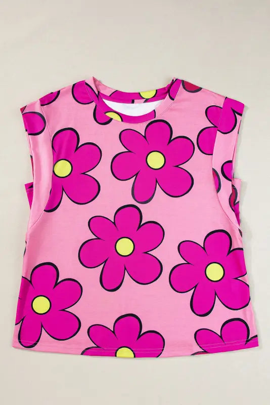 Pink flower t-shirt - round neck cap sleeve - tees