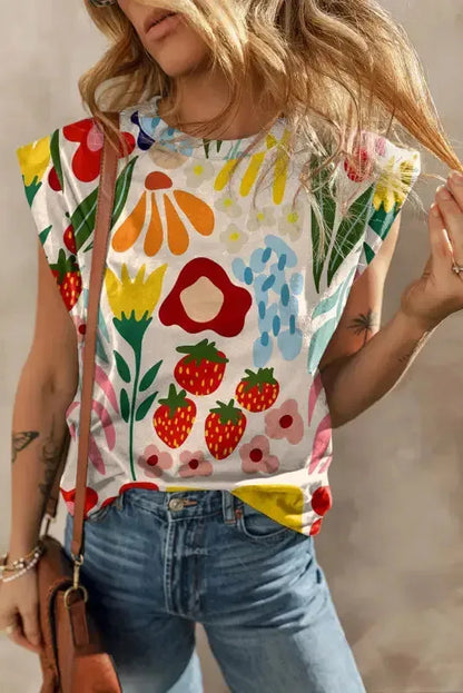 Pink Flower T-Shirt - Round Neck Cap Sleeve - Fashionfitz