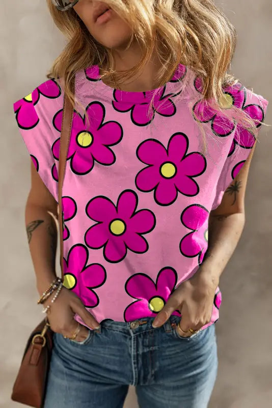 Pink flower t-shirt - round neck cap sleeve - tees