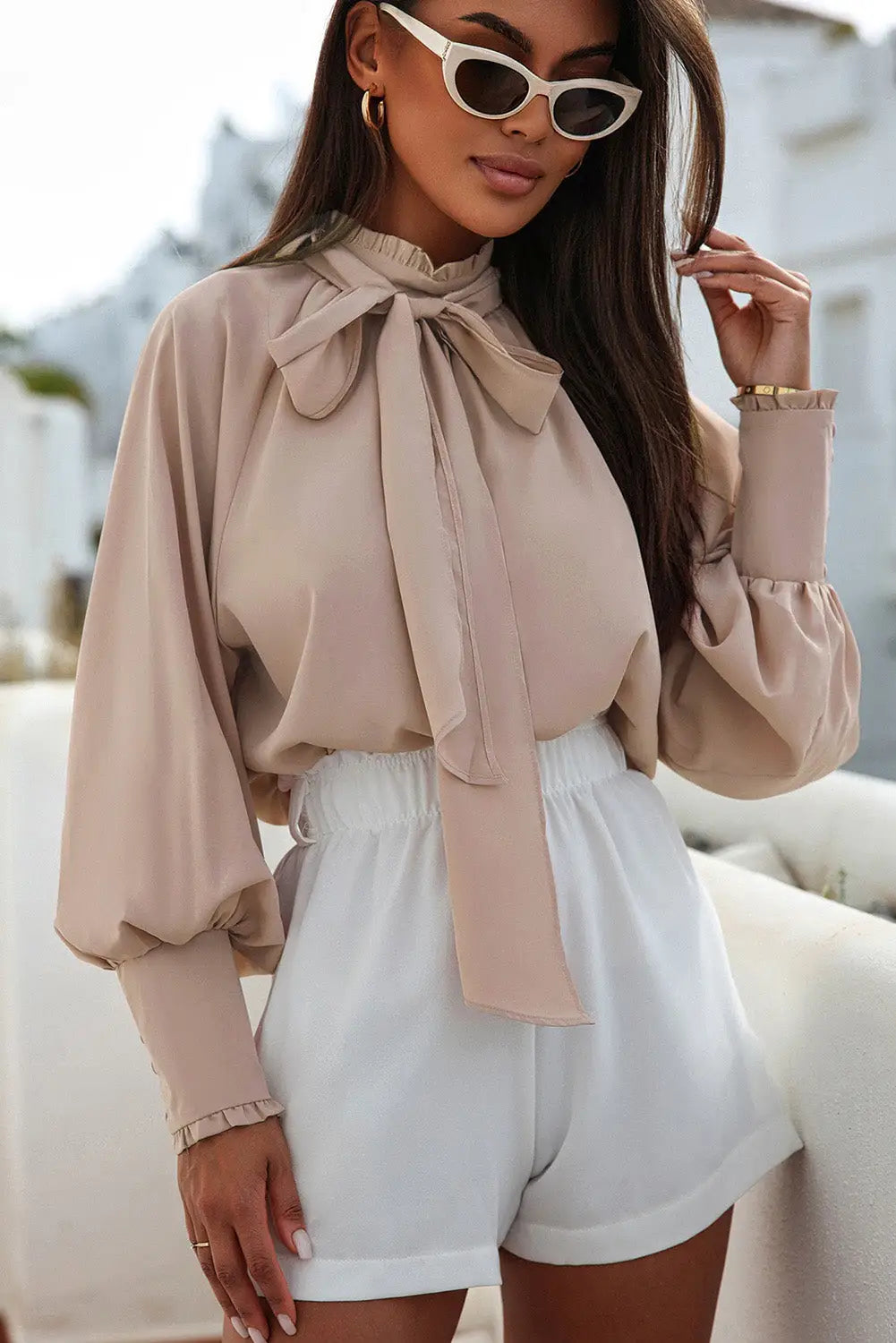 Pink frilled knotted mock neck bishop sleeve blouse - khaki / l / 100% polyester - blouses & shirts