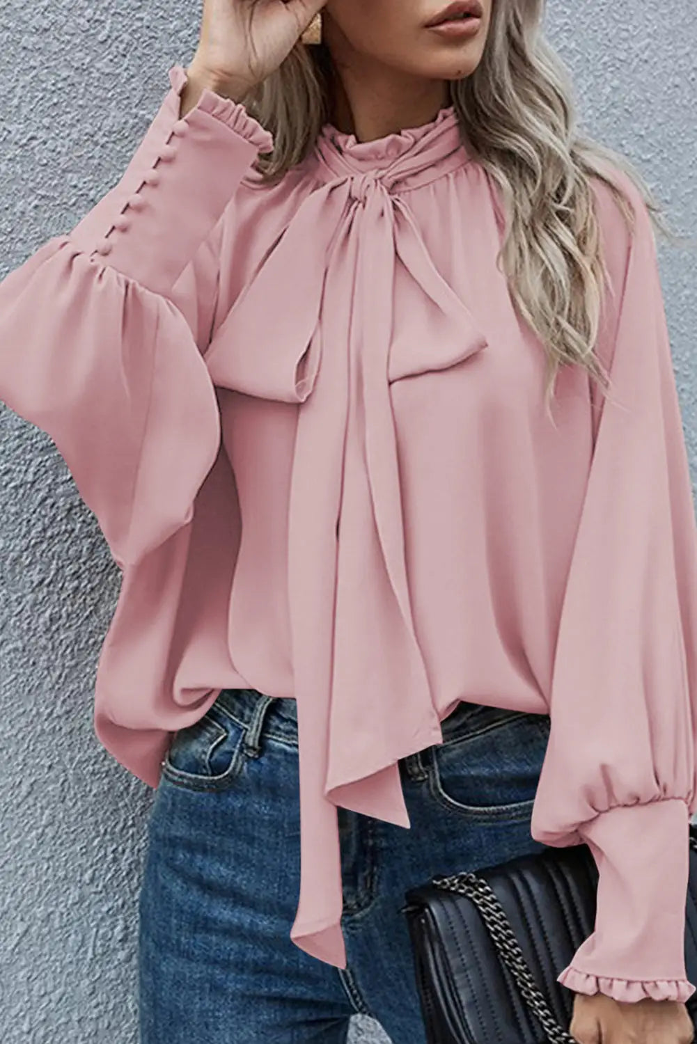 Pink frilled knotted mock neck bishop sleeve blouse - l / 100% polyester - blouses & shirts