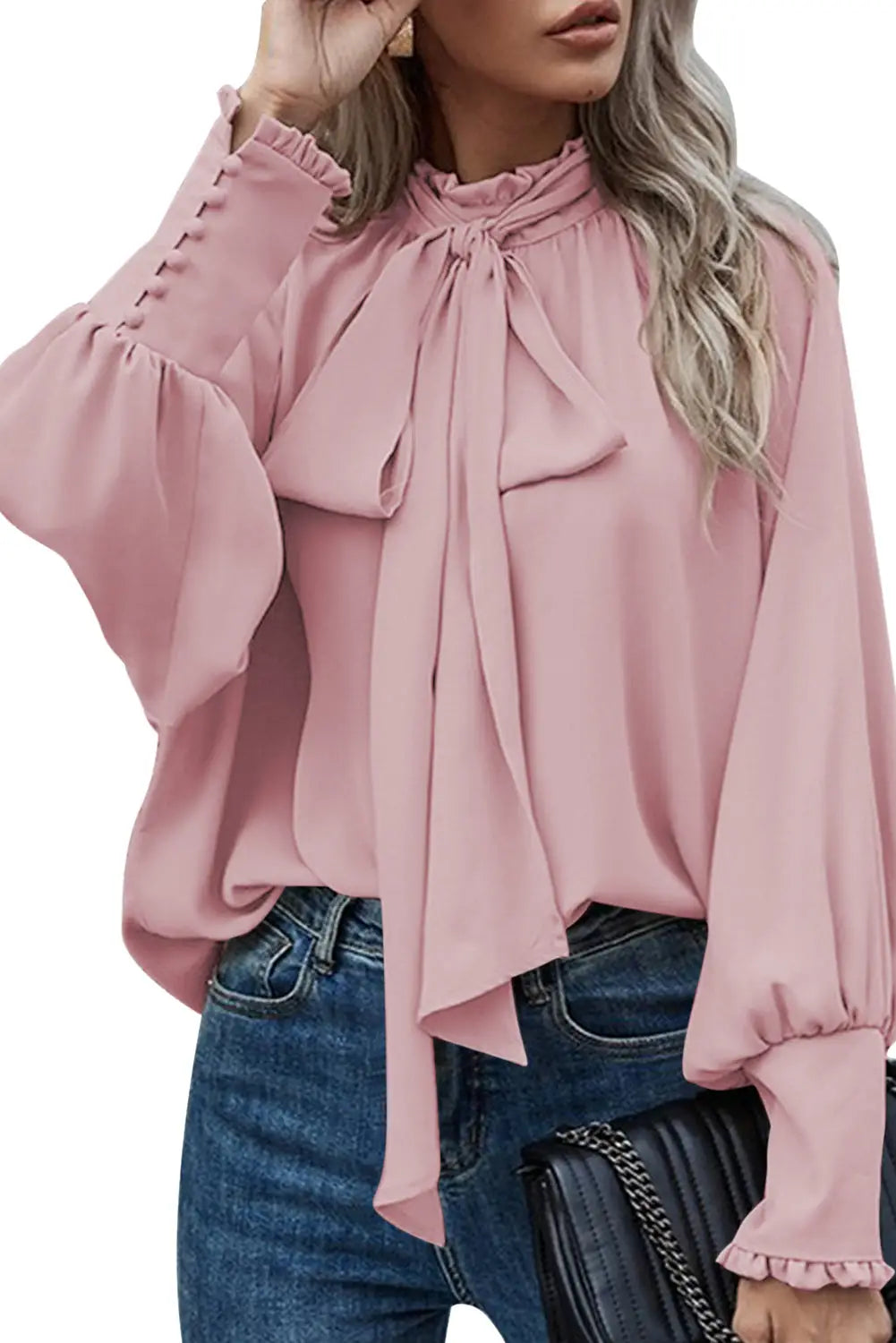 Pink frilled knotted mock neck bishop sleeve blouse - blouses & shirts
