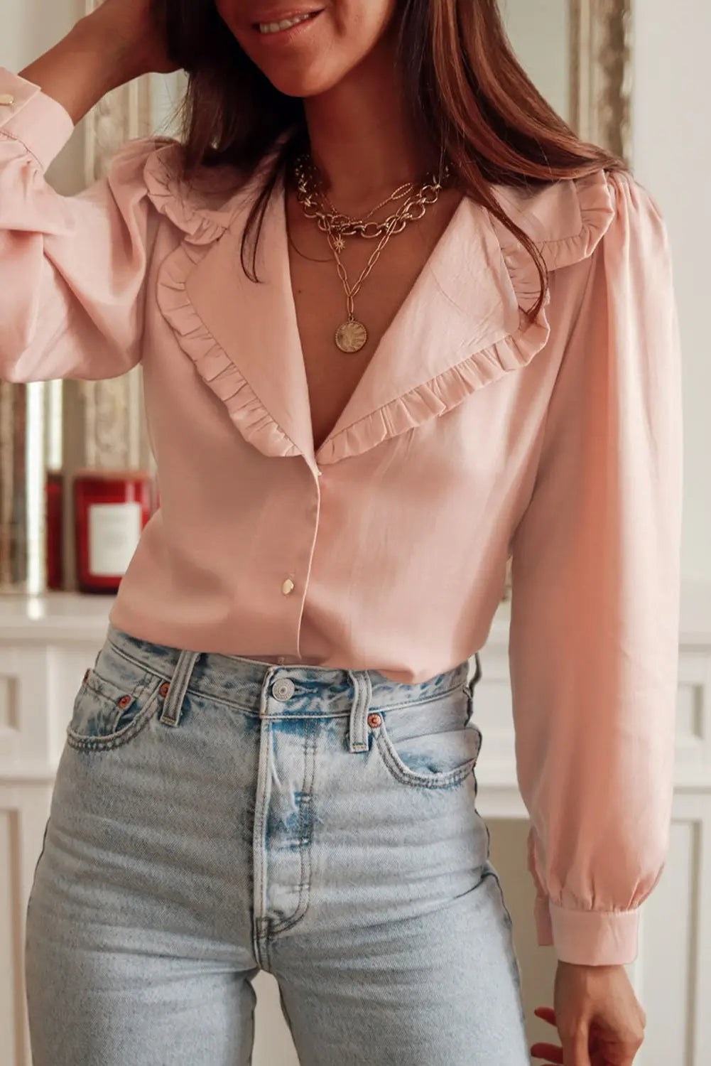 Pink frilled lapel collar button-up puff sleeve shirt - s / 95% polyester + 5% elastane - tops