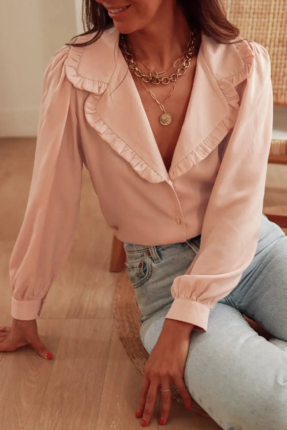 Pink frilled lapel collar button-up puff sleeve shirt - tops