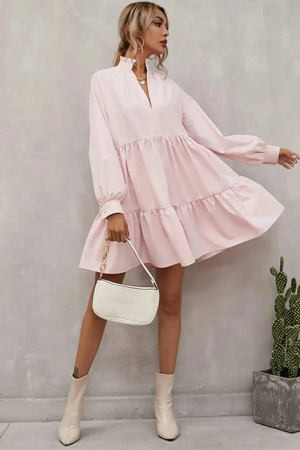 Pink frilled stand collar long sleeve ruffle dress - mini dresses
