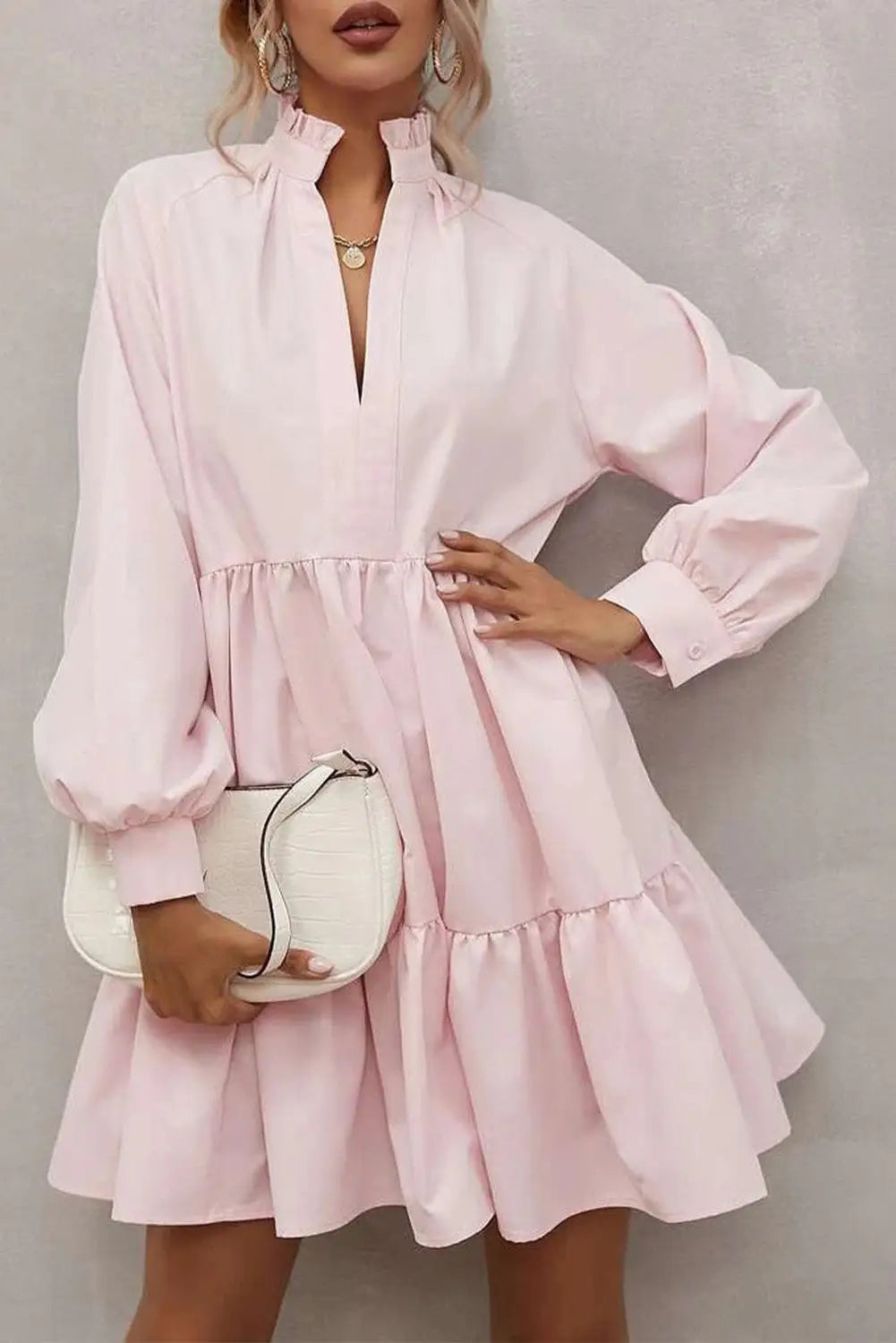 Pink frilled stand collar long sleeve ruffle dress - s / 95% polyester + 5% elastane - mini dresses