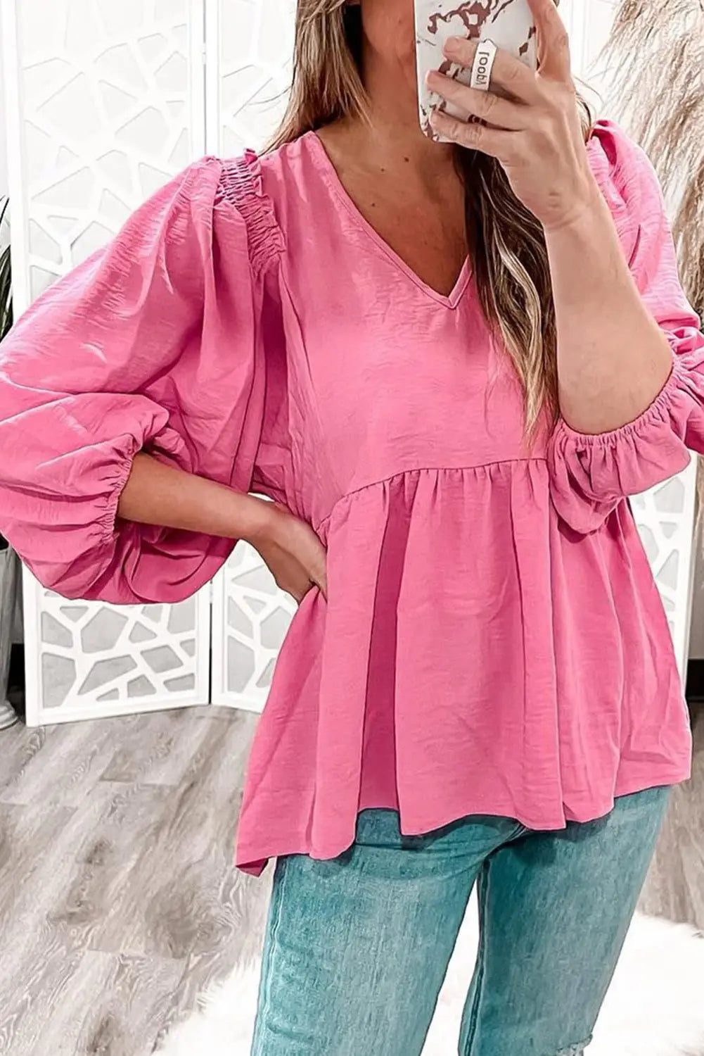 Pink frilled v neck puff sleeve babydoll blouse - s / 100% polyester - tops