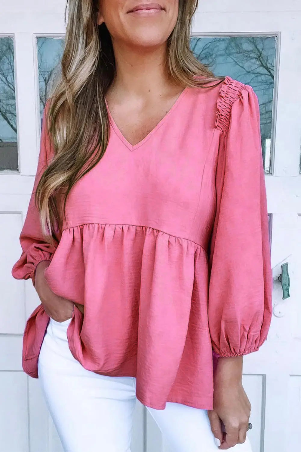 Pink frilled v neck puff sleeve babydoll blouse - tops