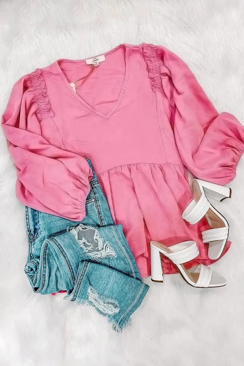 Pink frilled v neck puff sleeve babydoll blouse - tops