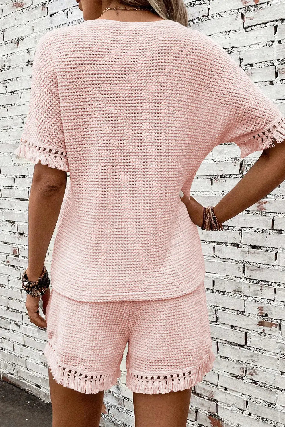 Pink fringe trim shorts two piece set - short sets