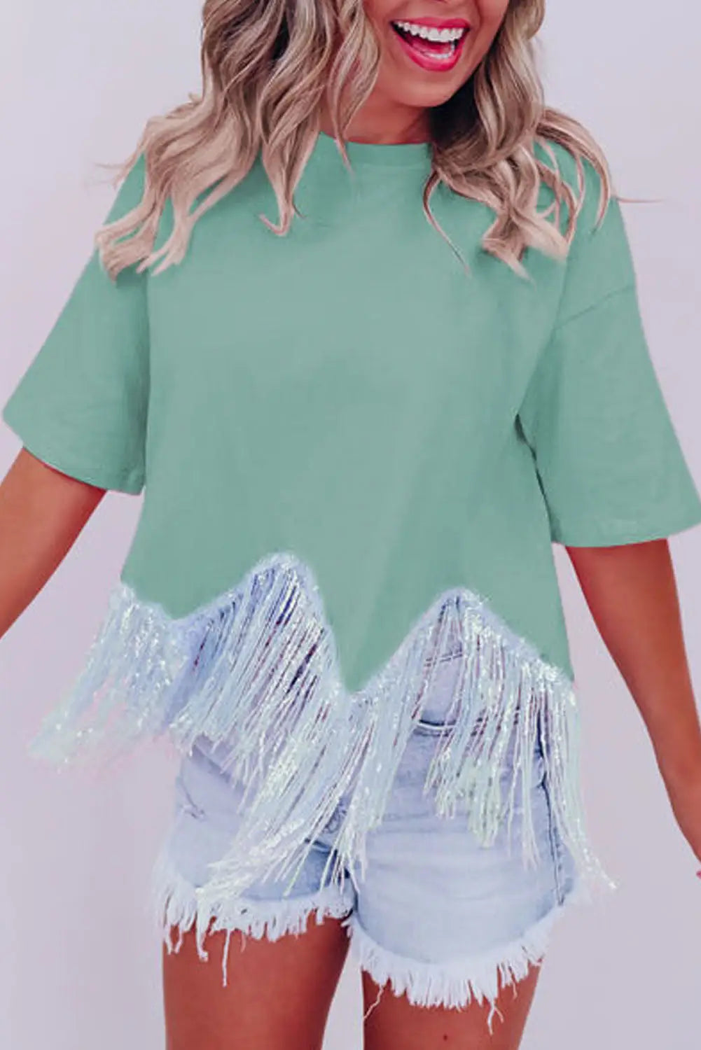 Pink fringed sequin crop t-shirt - moonlight jade / s / 95% cotton + 5% polyester - tops