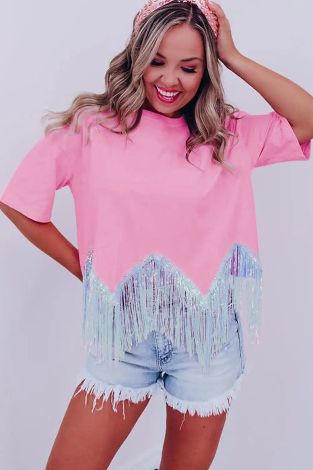 Pink fringed sequin crop t-shirt - tops